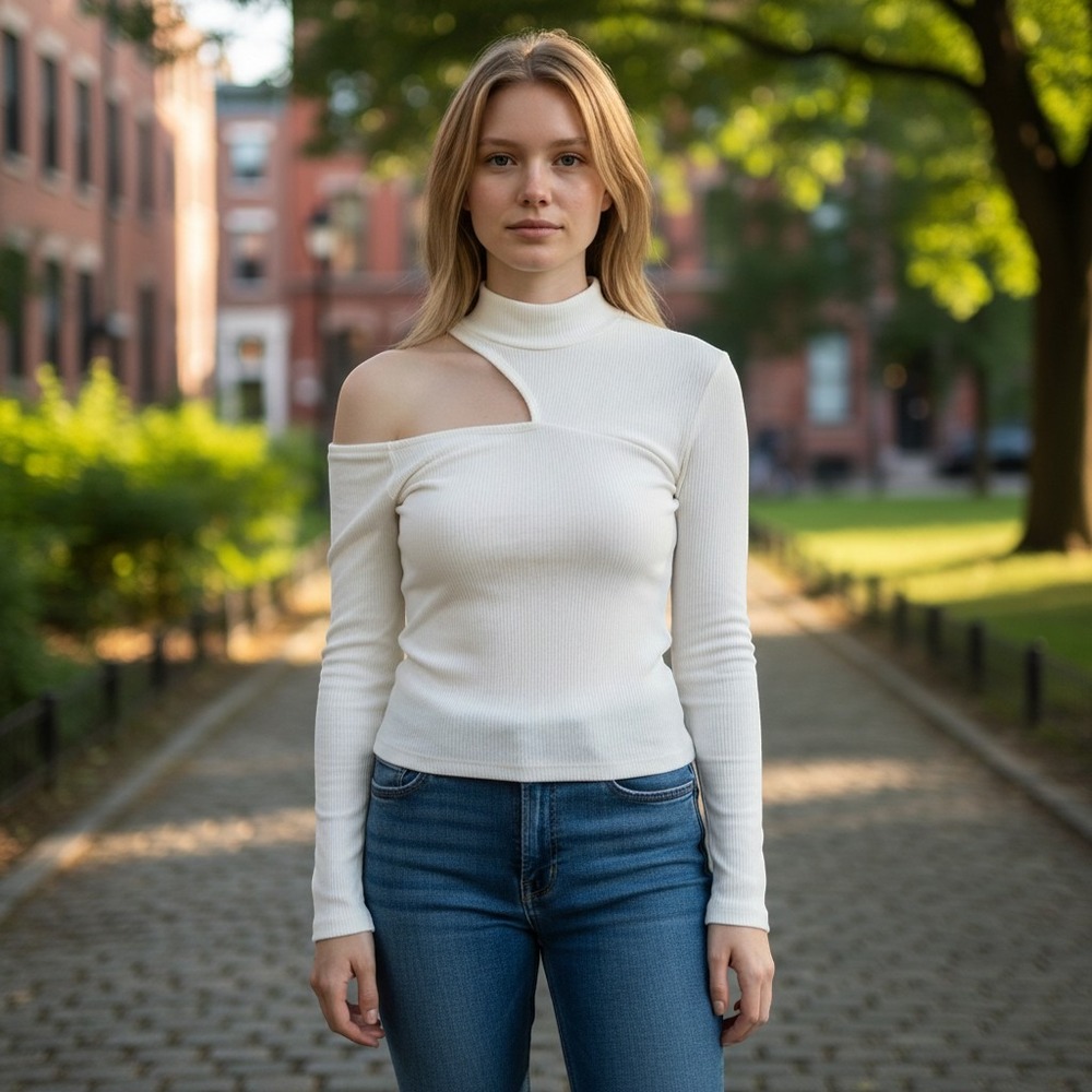 Commense Cutout Mock‎ Neck Long Sleeve Ribbed Top Modern Chic